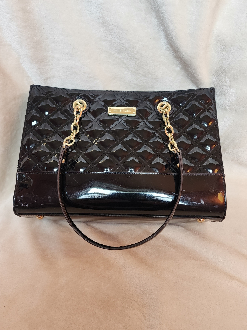 Anne Klein Black Quilted Patent Leather Shoulder Purse Y2K